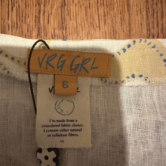 VRG GRL white yellow sleeveless linen top blouse size 6 front buttons back tie - Picture 2 of 8